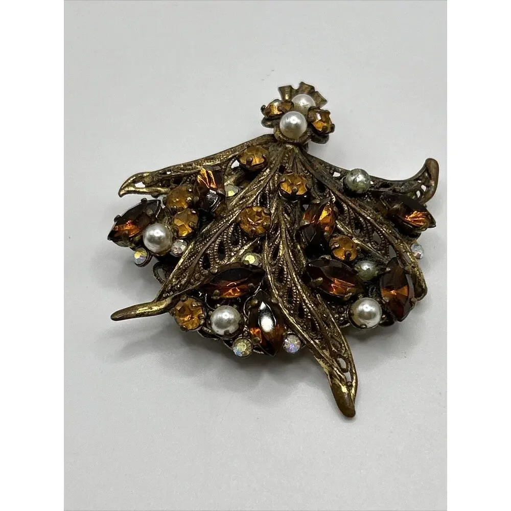 Vintage Floral Bouquet Brown Rhinestone‎ Faux Pearl Gold Tone Brooch Pin